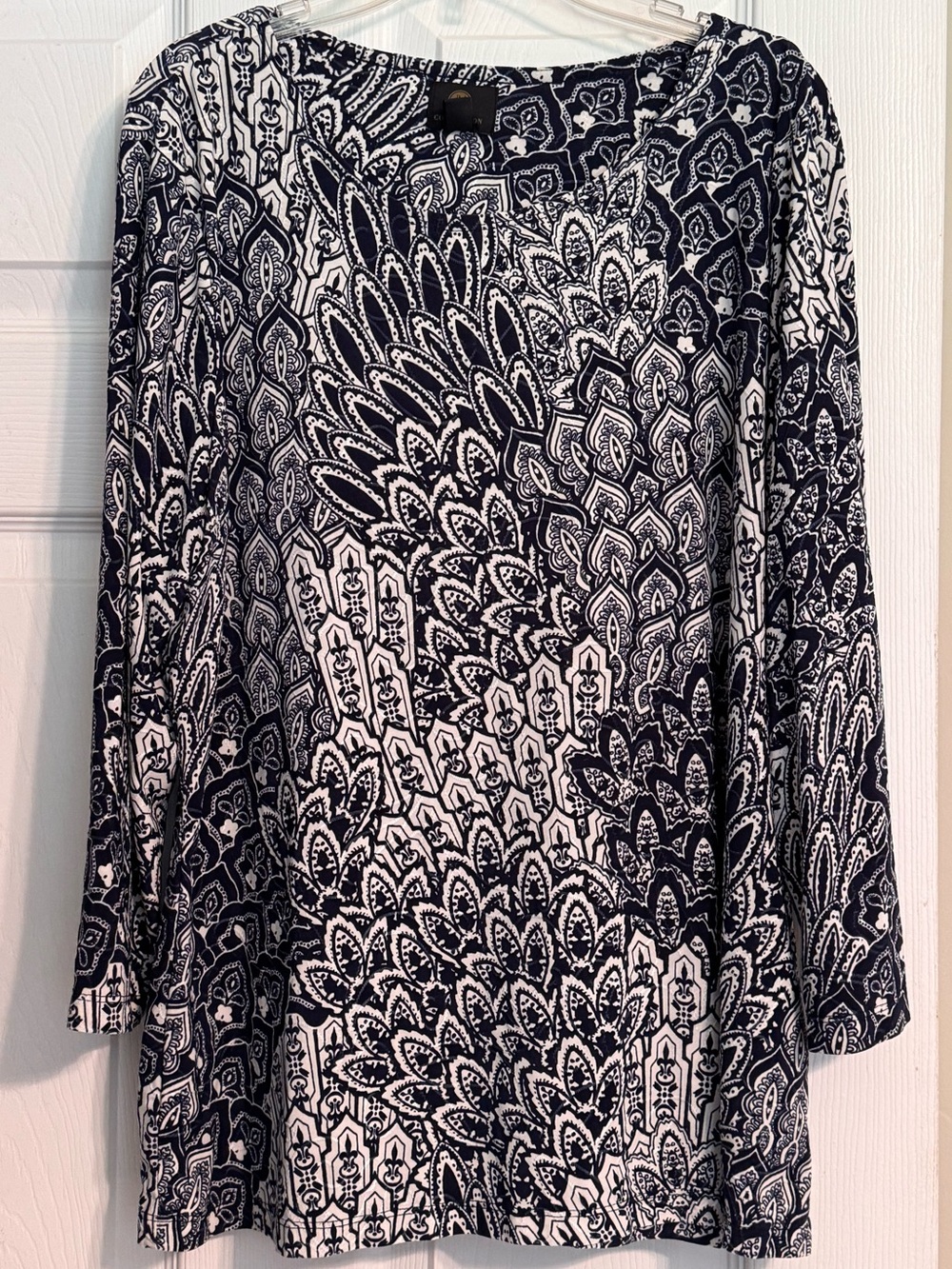 Women’s JM Collection Navy White Mixed Print Textured 3/4 Sleeve Blouse Large